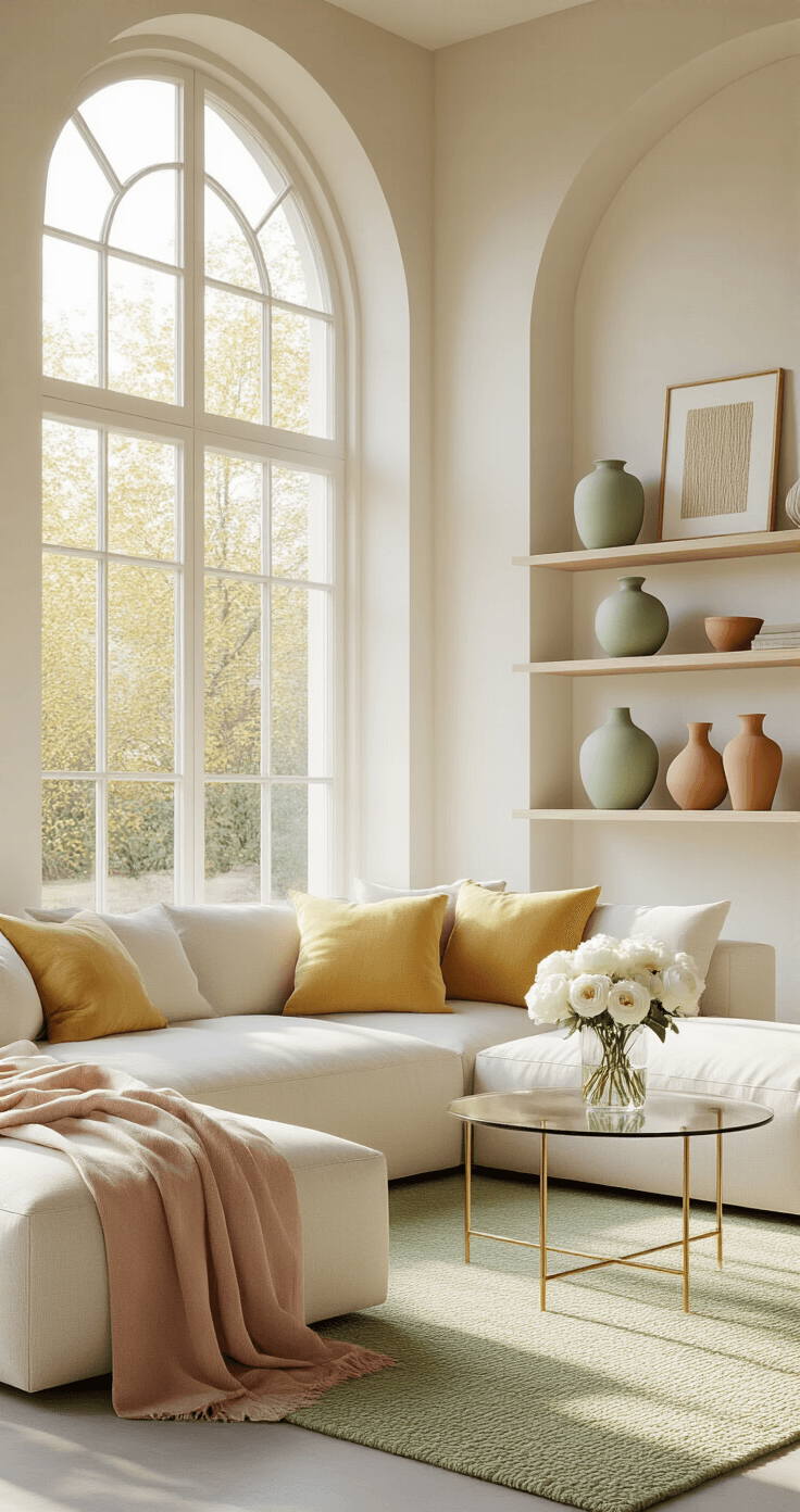 Mijn Ultieme Gids Voor Perfecte Lentenagels 2025: Trends Die Je Moet Proberen A bright and airy Dutch living room featuring minimalist decor, polished concrete floors, a low-profile white linen sectional sofa with a pink cashmere throw, and pastel accents. Tall arched windows bathe the space in golden morning light, highlighting ceramic vases on white oak shelves and a glass coffee table with brass legs adorned with fresh white peonies. A textured pistachio green rug anchors the seating area, complemented by a cluster of lemon yellow pillows and a natural jute wall hanging.