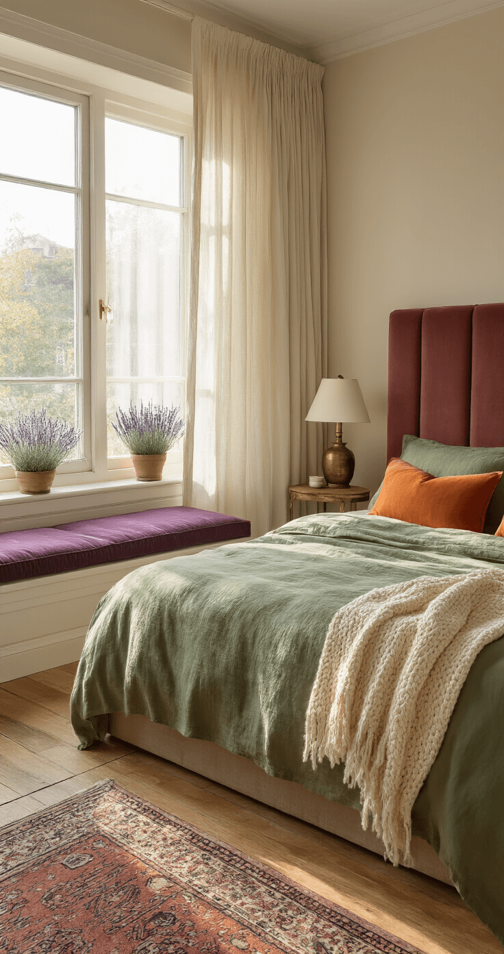 Mijn Ultieme Gids Voor Perfecte Lentenagels 2025: Trends Die Je Moet Proberen A sophisticated Dutch bedroom featuring morning sunlight through sheer linen curtains, warm honey-colored hardwood floors, a platform bed with a channeled headboard in old rose velvet, sage green bedding, and sunset orange throw pillows, vintage brass bedside tables with ceramic lamps, a built-in window seat with aubergine cushions and a cream blanket, potted lavender on floating nightstands, and an antique Persian runner in muted tones, all capturing a serene and romantic atmosphere.