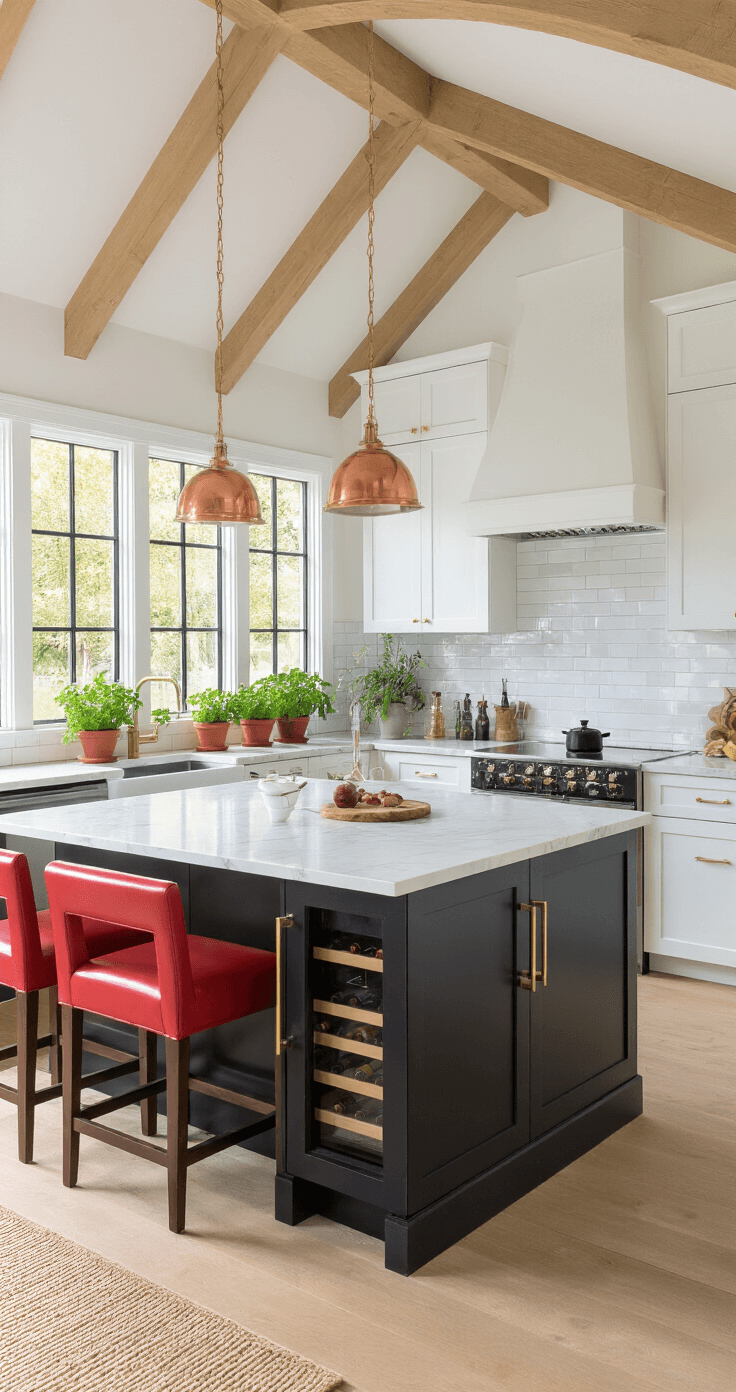 Mijn Ultieme Gids Voor Perfecte Lentenagels 2025: Trends Die Je Moet Proberen Contemporary Dutch kitchen featuring a galley layout with cathedral ceiling, blonde wood beams, matte black and white cabinetry, Calacatta marble island, poppy red leather stools, pearl subway tile backsplash, and natural light highlighting the space.