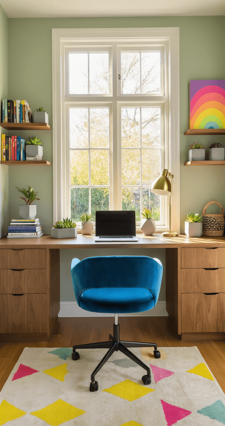Mijn Ultieme Gids Voor Perfecte Lentenagels 2025: Trends Die Je Moet Proberen Inviting Dutch home office with large picture window overlooking a garden, featuring a natural walnut built-in desk, electric blue velvet ergonomic chair, colorful books on floating shelves, geometric concrete succulent planters, and an abstract area rug. Soft pistachio green accent wall and brass desk lamp enhance the energizing ambiance during golden hour.