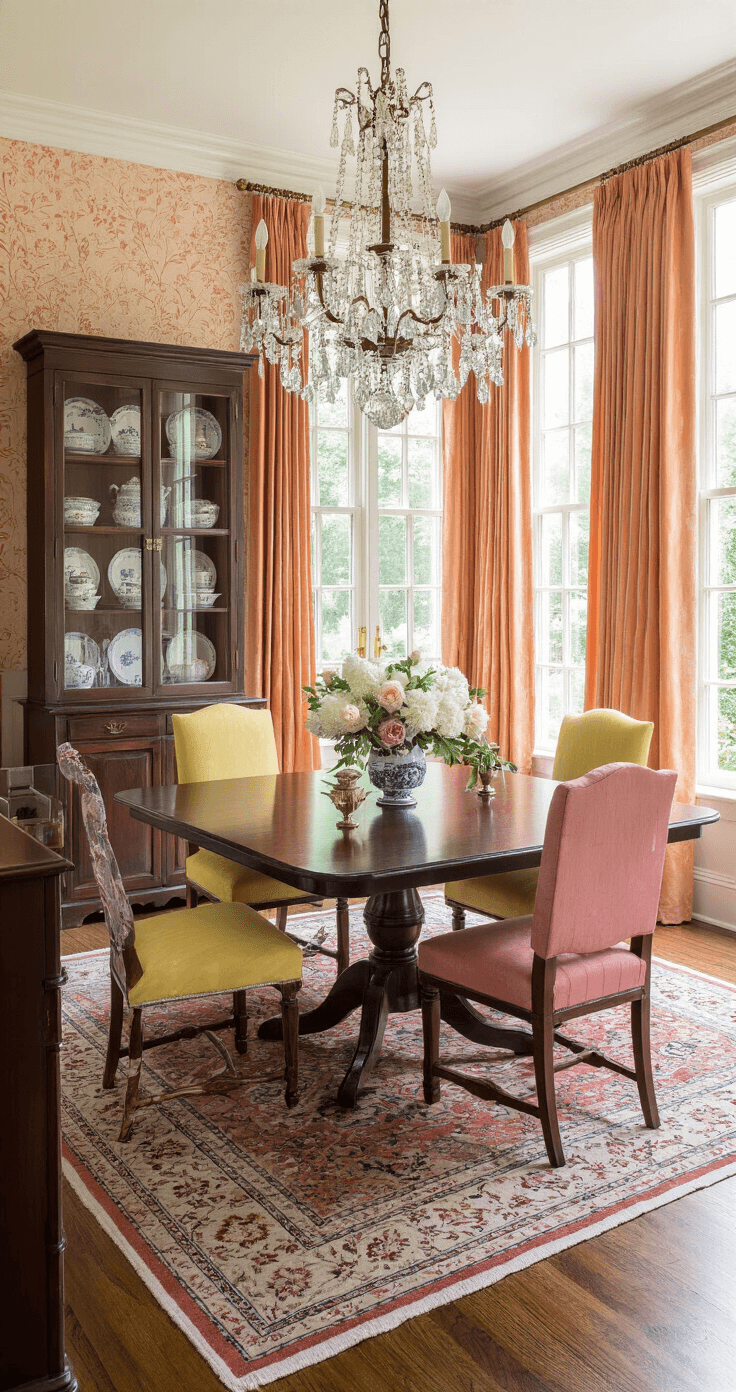 Mijn Ultieme Gids Voor Perfecte Lentenagels 2025: Trends Die Je Moet Proberen Elegant Dutch dining room with a warm evening ambiance, featuring a dark walnut dining table set for eight with mismatched pastel upholstered chairs, a crystal chandelier, silk curtains, and a vintage Persian rug.
