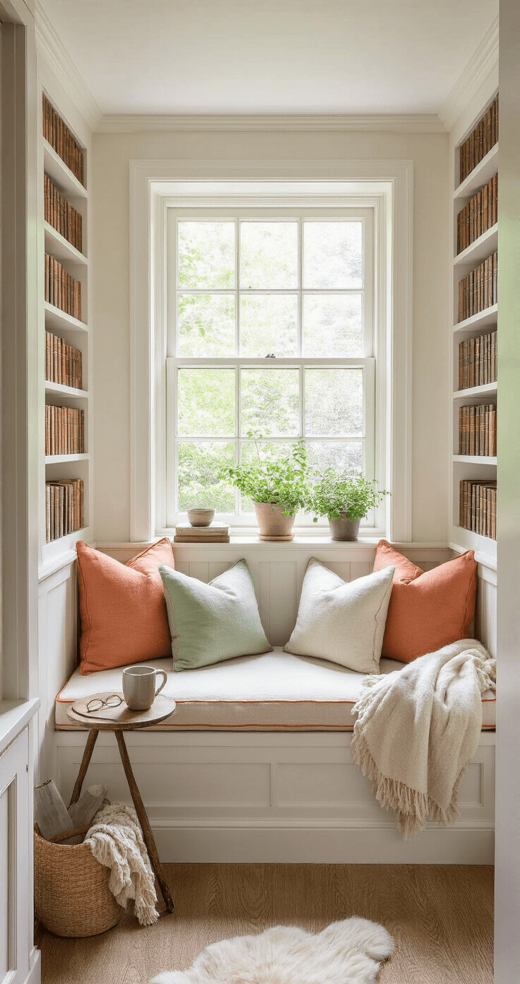 Mijn Ultieme Gids Voor Perfecte Lentenagels 2025: Trends Die Je Moet Proberen Cozy Dutch reading nook with natural light, featuring a built-in bay window seating with cushioned bench in natural linen and pamplemousse orange piping, pastel throw pillows, floor-to-ceiling white bookshelves with color-coordinated leather-bound books, reclaimed wood side table with a ceramic mug, sheepskin throw, and potted herbs on the window ledge.