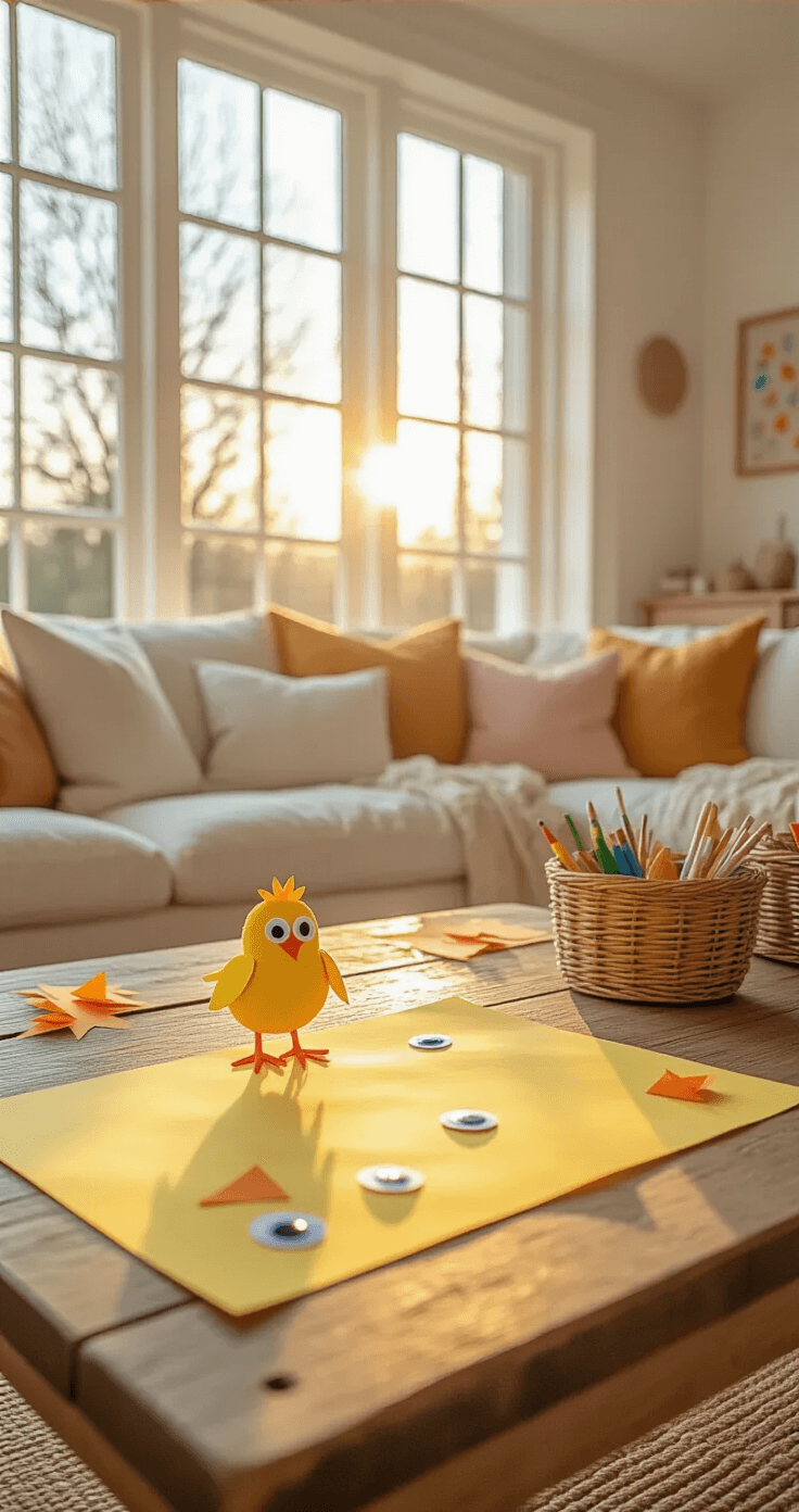 Pasen Knutselen: Creatieve Ideeën die Elk Kind (en Volwassene) Blij Maken Interior of a Dutch family living room during golden hour, featuring a rustic wooden coffee table decorated with yellow construction paper, googly eyes, and orange paper scraps, with a handprint Easter chick craft in the foreground. The scene includes whitewashed walls, a cream linen sofa with pastel cushions, natural jute rugs, and organized children's art supplies in wicker baskets, captured from a low angle to emphasize craft details and warm amber tones.
