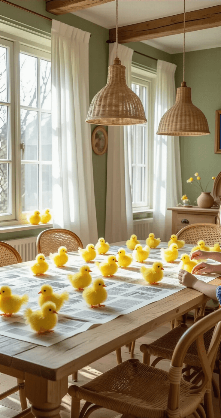 Pasen Knutselen: Creatieve Ideeën die Elk Kind (en Volwassene) Blij Maken A bright Dutch dining room at midday, featuring a large oak farmhouse table covered in newspaper, with crêpe paper Easter chicks in various stages of completion, surrounded by wicker chairs and illuminated by natural light through sheer white curtains.