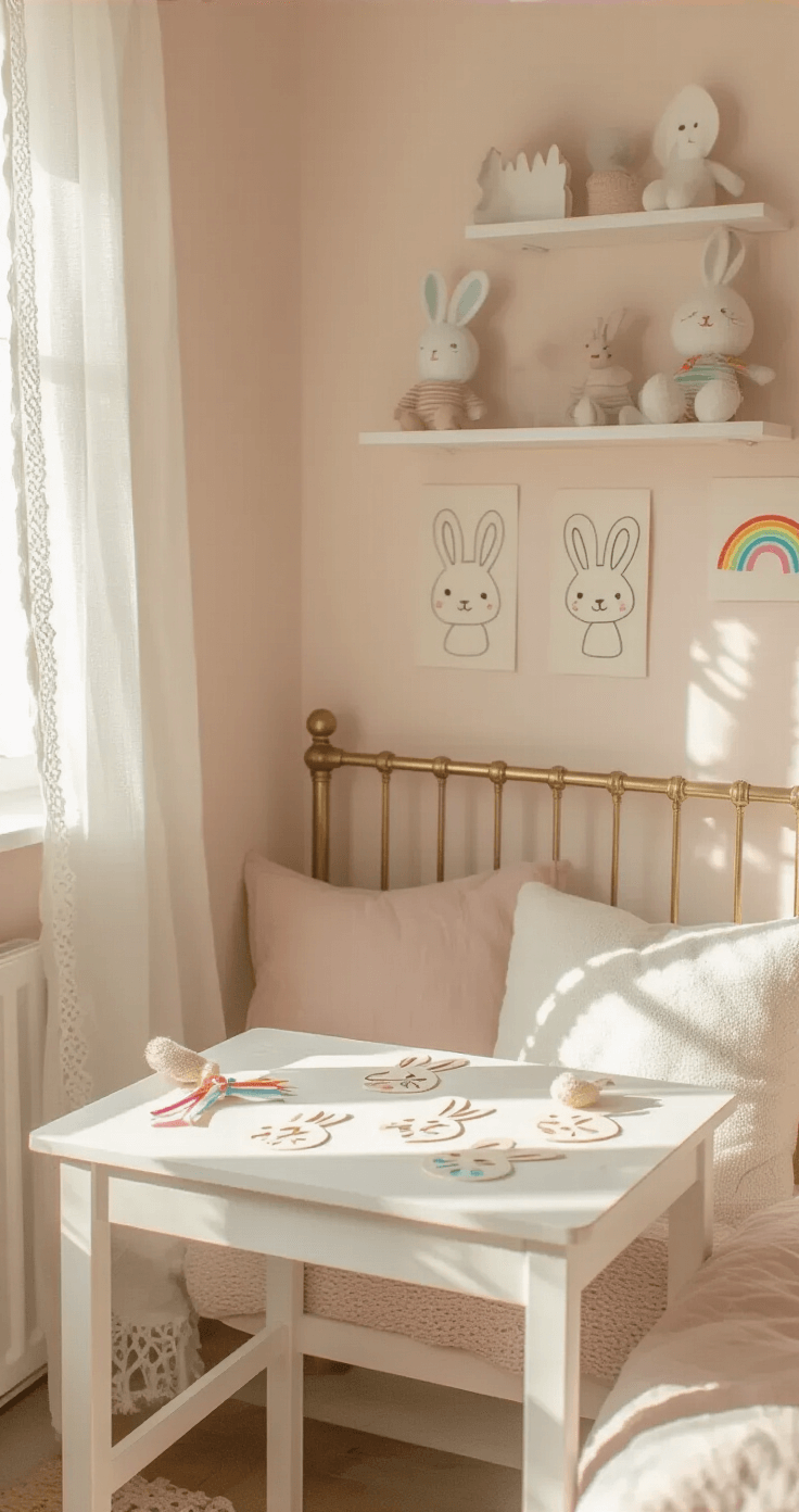 Pasen Knutselen: Creatieve Ideeën die Elk Kind (en Volwassene) Blij Maken Cozy Dutch children's bedroom corner with soft afternoon light; a small white wooden table features bunny silhouettes cut from cream cardstock. Tiny rainbow ribbons and white pompoms are scattered around, with pale pink walls and a vintage brass bed frame in the background. Natural light filters through lace curtains, creating gentle shadows.
