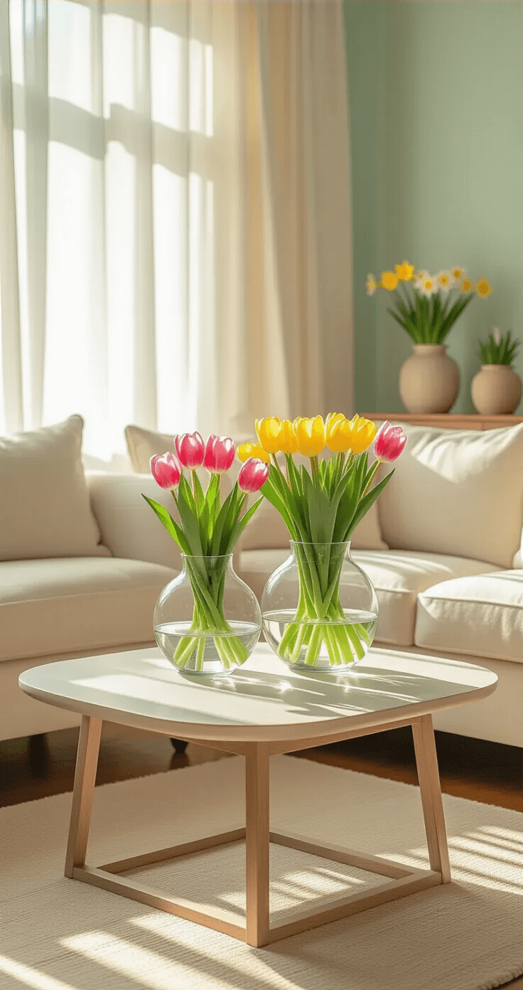 Lentebloemen in huis: hoe je je woonkamer omtovert tot een bloeiende oase Een warm verlichte woonkamer met natuurlijk licht dat door sheer witte gordijnen stroomt, modern salontafel met heldere glazen vazen met gele en roze tulpen, crème linnen banken, houten vloeren en een zacht beige vloerkleed.