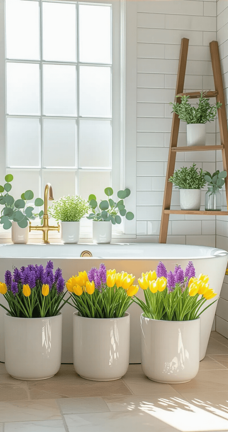 Lentebloemen in huis: hoe je je woonkamer omtovert tot een bloeiende oase Heldere badkamerhoek met natuurlijk licht van een gezandstraald raam, waarin paarse en gele complementaire lentebloemen in moderne witte keramische potten staan. Wit tegels, geborstelde messing armaturen, en een kleine houten ladderplank met een gelaagde bloemenopstelling. Eucalyptus takken in glazen flessen voegen zilvergroene textuur toe. Natuurlijke stenen vloer in warm beige voor een spa-achtige sfeer.