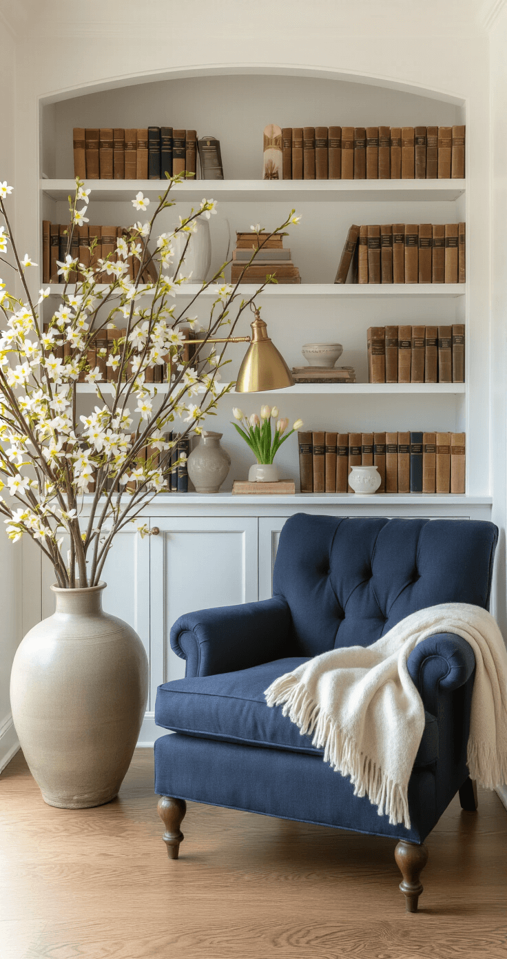 Lentebloemen in huis: hoe je je woonkamer omtovert tot een bloeiende oase Gezellige leeshoek met een boekenplank, lichtgevend in de namiddag, bloeiende takken van forsythia en magnolia in een grote vaas, vintage boeken in witte ingebouwde planken, een comfortabele marineblauwe fauteuil met een wollen dekentje, natuurlijk eiken vloeren, en een warme messing leeslamp.