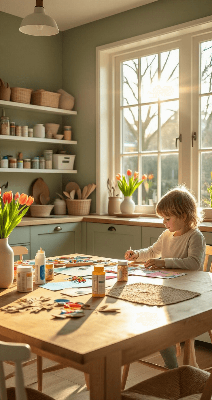 Knutselen voor Kinderen: 25+ Creatieve Projecten die Ik Thuis Getest Heb Interior view of a modern Dutch family kitchen featuring a large oak dining table with colorful crafting supplies, a child creating a nature collage, and warm golden hour lighting casting soft shadows across the scene.
