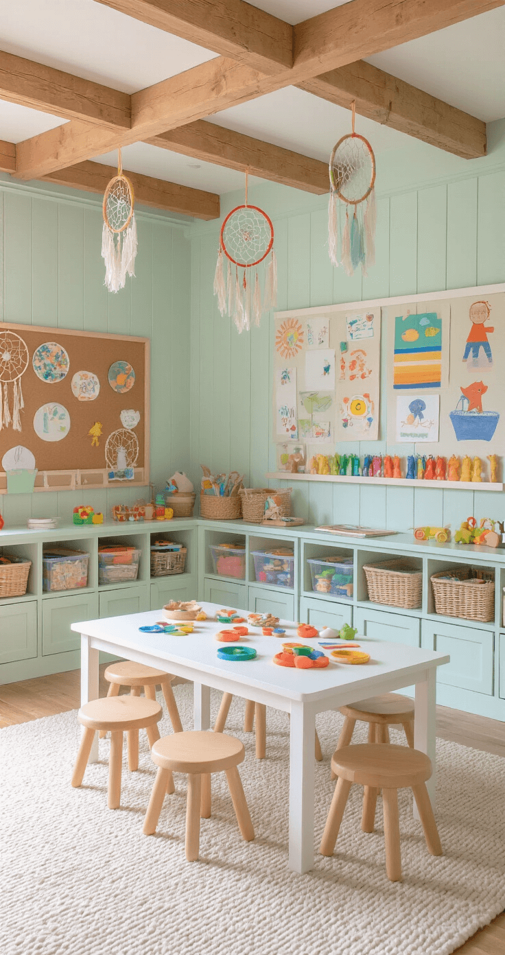 Knutselen voor Kinderen: 25+ Creatieve Projecten die Ik Thuis Getest Heb Interior of a Dutch children's playroom showcasing a low white craft table surrounded by wooden stools, colorful clay emotion characters and dreamcatchers hanging above, organized craft supplies in pastel cubbies, a large cork board of artwork, textured cream carpet on pine floors, mint green walls with white wainscoting, and bright acrylic-painted recycled plastic bottle animals on floating shelves, all under mid-morning light.