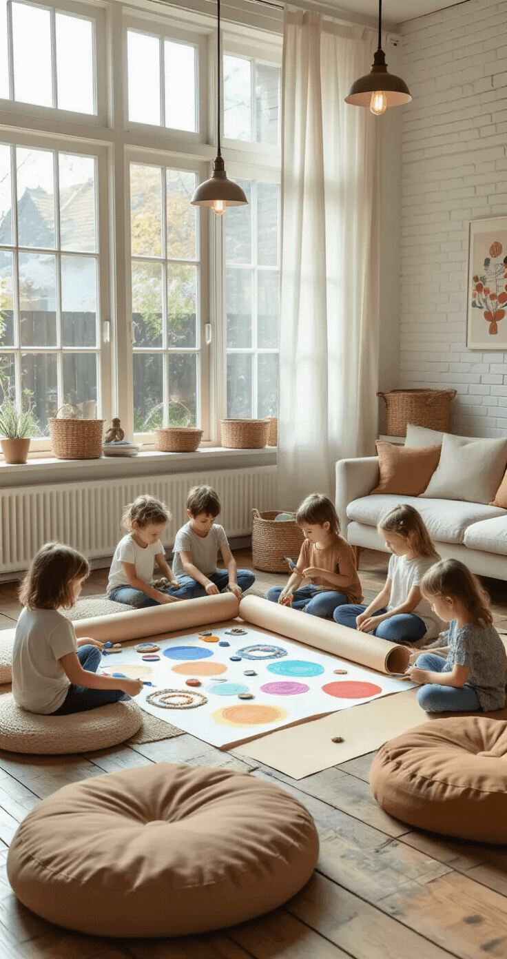 Knutselen voor Kinderen: 25+ Creatieve Projecten die Ik Thuis Getest Heb A spacious Dutch living room transformed into an art studio during a crafting session, featuring children painting on a large paper roll with colorful paintbrushes surrounded by earth-toned floor cushions. Natural light filters through linen curtains, illuminating a modern sofa against white brick walls displaying finished crafts, while organized materials are stored in baskets around the room.