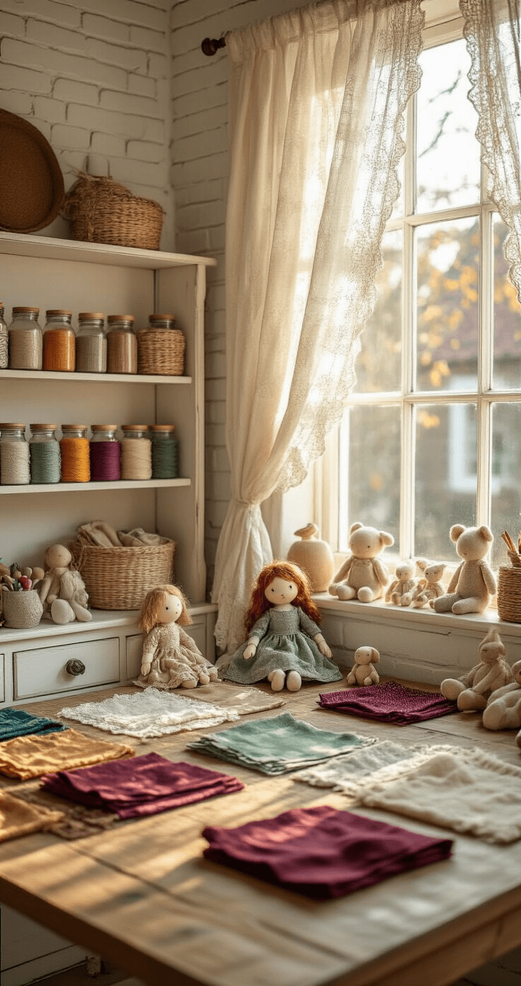 Creatieve knutselprojecten met stofrestjes: Van rommel tot prachtige DIY-creaties Interior of a cozy Dutch craft room bathed in warm afternoon light, featuring a rustic oak table with colorful fabric scraps, handmade dolls, and small animals on white shelves, alongside mason jars of vibrant sewing threads and whitewashed brick walls, creating an inviting and creatively inspiring atmosphere.