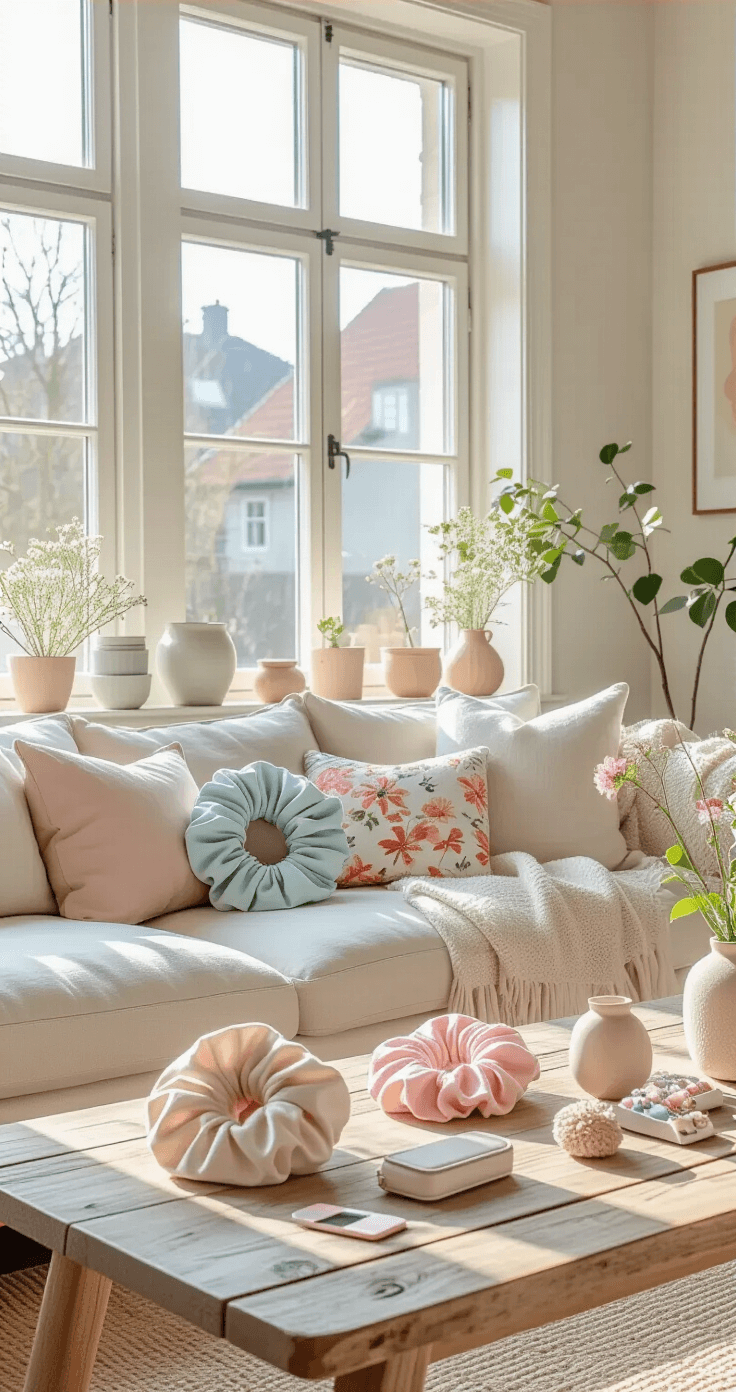Creatieve knutselprojecten met stofrestjes: Van rommel tot prachtige DIY-creaties Wijdhoekshot van een lichte Scandinavische woonkamer op een frisse ochtend, met zonlicht dat door grote ramen valt op een linnen bank. Handgemaakte stoffen accessoires, kleurrijke scrunchies, bloemenprint telefoonhoesjes en kleine make-uppouches in juweeltinten zijn artistiek gerangschikt op een verweelde houten salontafel. Zachte pastelkleuren zoals blushroze, poederblauw en natuurlijk beige domineren de scene. Vanuit een laag perspectief gefotografeerd om de handgemaakte accessoires als heldenstukken te tonen, met een frisse, georganiseerde en moeiteloos stijlvolle sfeer.