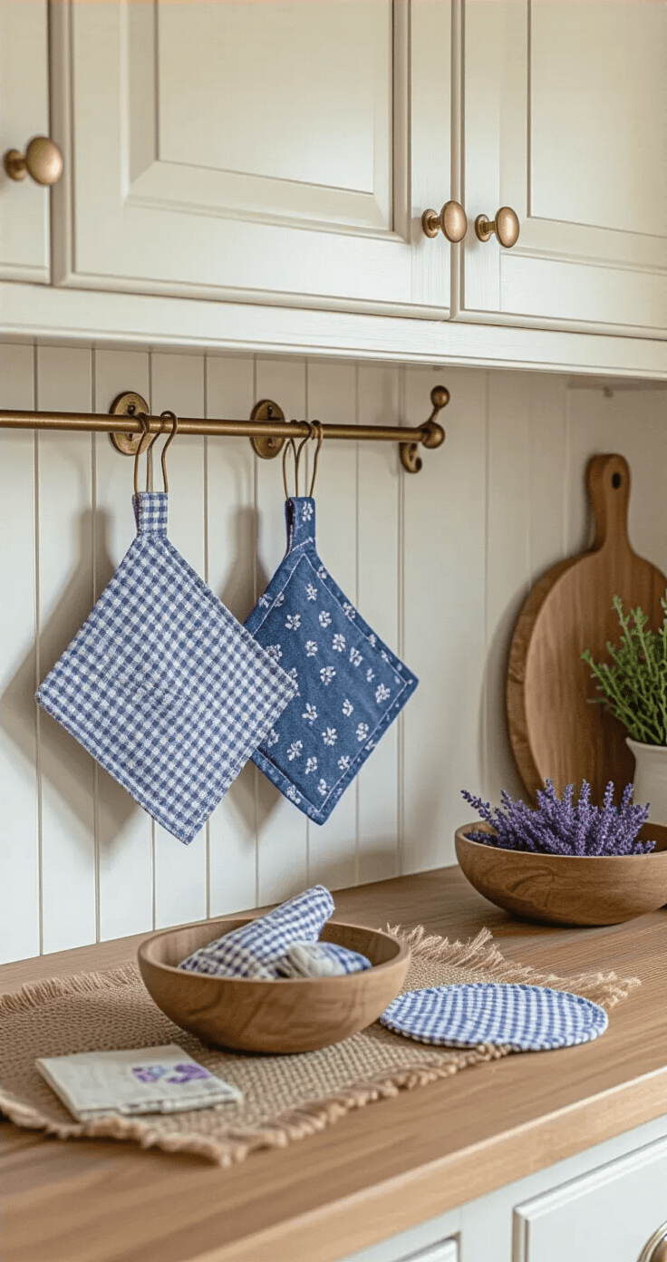 Creatieve knutselprojecten met stofrestjes: Van rommel tot prachtige DIY-creaties Close-up van een boerderijkeukenblad in de late ochtend met zacht, diffuus licht. Geaccentueerd zijn handgemaakte keukengerei van stofrestanten, waaronder geborduurde pannenonderzetters in ruitpatronen aan koperen haken, denim onderzetters op een verouderde dennenhouten oppervlakte, en kleine lavendelzakjes in Liberty-stoffen in een vintage houten schaal. Rijke texturen van burlap, katoen en linnen tegen crèmekleurige kasten, met een kleurenpalet van warme wittonen, gedempte blauwtinten en natuurlijke houttinten. Het geheel straalt een praktische, charmante sfeer uit, die de functionaliteit van handgemaakt benadrukt.
