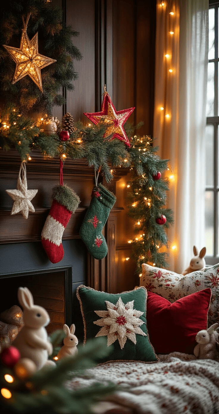 Creatieve knutselprojecten met stofrestjes: Van rommel tot prachtige DIY-creaties Medium shot of a cozy Dutch living room corner at evening twilight, featuring warm amber glow from string lights, seasonal fabric decorations, handmade Christmas stars in red and forest green, and pastel Easter bunnies on an antique pine mantel, set against dark wood paneling.