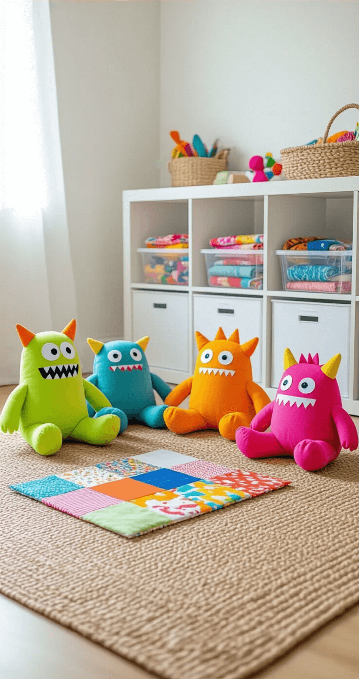 Creatieve knutselprojecten met stofrestjes: Van rommel tot prachtige DIY-creaties Speelse kinderkamer in fel licht met kleurrijke handgemaakte stoffen speelgoed op een jute tapijt, waarin schattige monster-pluche in elektrische limoen, felle roze en oranje zitten, naast een stoffen memoryspel met verschillende patronen. Witte opbergcube bevatten georganiseerde stofresten in doorzichtige containers. Camera op kinderhoogte voor een speelse perspectief.