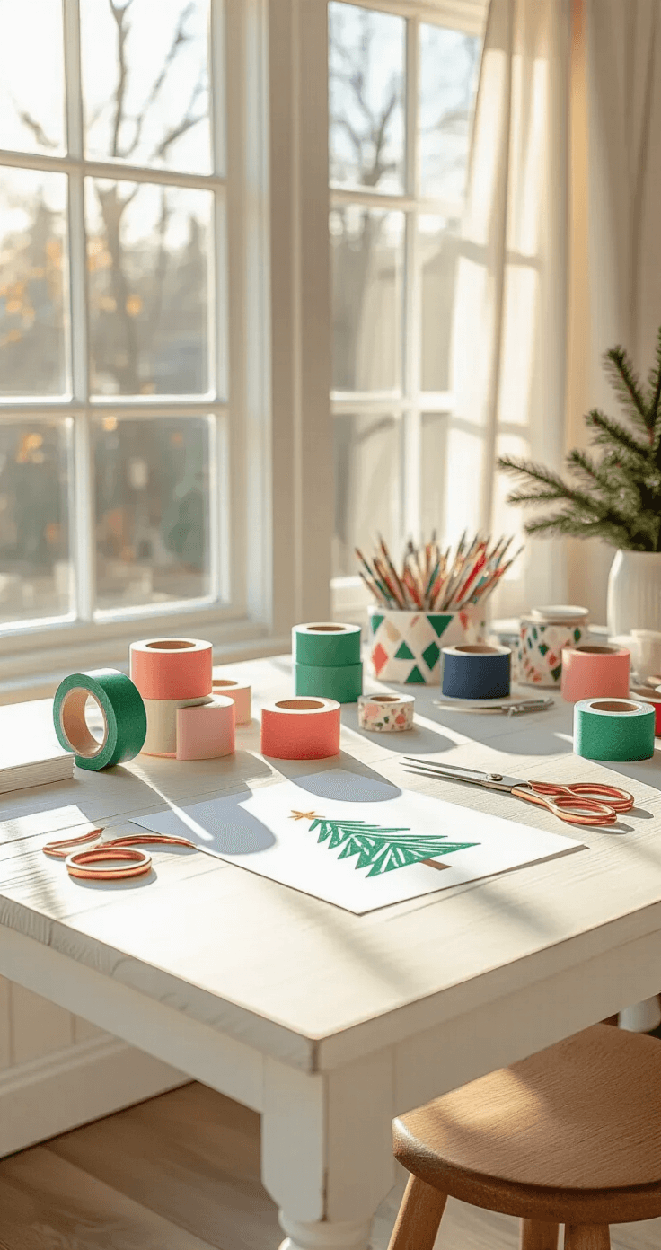 Originele nieuwjaarsbrieven zelf knutselen Heldere Scandinavische knutselkamer met een wit eiken eettafel vol washi-tape materialen, zacht gouden middaglicht door grote ramen, en een focus op kleurrijke rolls en handgetekende kerstboomontwerpen.