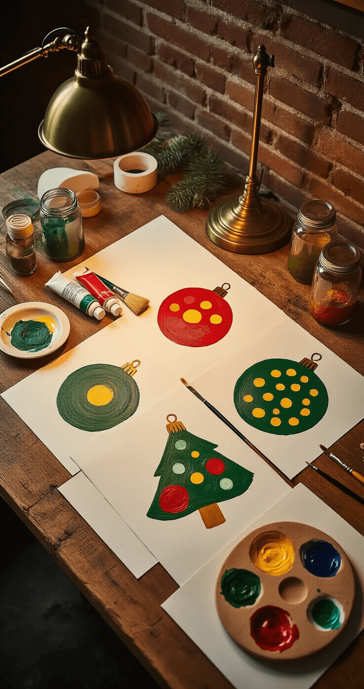 Originele nieuwjaarsbrieven zelf knutselen Intiem bovenaanzicht van een gezellige knutselsessie bij kaarslicht op een gerecycled houten tafel, met acrylverf tubes in groentinten, elegante kerstornament patronen op A3-papier, en een achtergrond van bakstenen muren en een vintage bureaulamp.