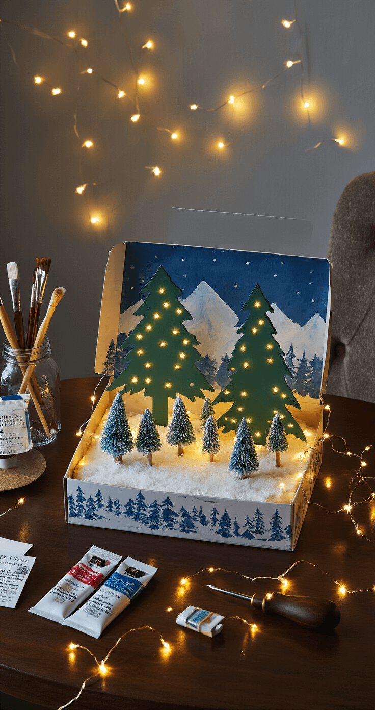 Originele nieuwjaarsbrieven zelf knutselen Een sfeervolle werkruimte om 20.00 uur met een donker walnoot bureau, verlicht door zachte warme LED-lampjes. In het midden staat een open cereal doos omgevormd tot een winterdiorama met handgeschilderde sneeuwlandschappen in preussisch blauw en titanium wit. Een silhouet van een kerstboom van donkergroene cardstock is versierd met kleine LED-lampjes. De werkplek bevat een fauteuil van velvet, vintage mason jars met penselen en een oude houten vloer, met een sfeervolle lichtinval die de warme LED's accentueert.
