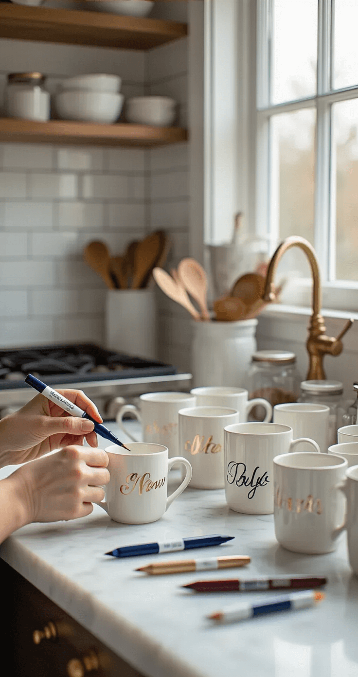 Originele nieuwjaarsbrieven zelf knutselen Close-up macro shot van delicate handen die werken aan witte keramische mokken met handgeschreven New Year wensen in elegante letters, verlicht door diffuus noordelijk licht.