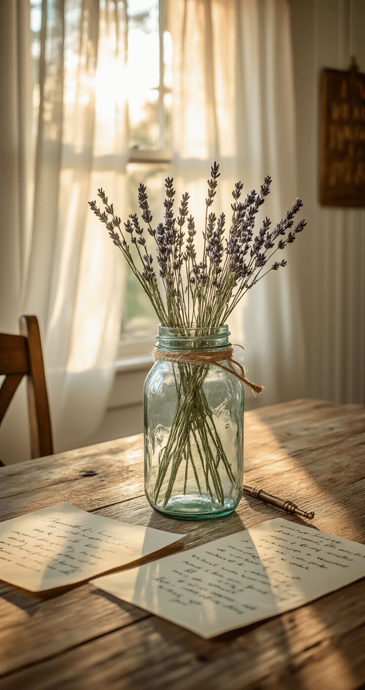 Originele nieuwjaarsbrieven zelf knutselen Artistiek breedbeeld van een vintage glazen mason jar als tafelstuk bij zonsondergang, met zonlicht dat door witte gordijnen filtert en prisma-achtige lichteffecten creëert op geplooide papieren wensen binnenin de jar. De setting toont een rustieke eettafel van verouderd grenen, omringd door handgeschreven notities op crèmekleurig papier, vastgebonden met natuurlijke jute touw. Calligraphy pennen met schuine punten liggen naast handgemaakt papier met zichtbare vezelstructuur, en een vintage koperen brievenopener voegt antieke charme toe. Op de achtergrond zijn witte beadboard wandpanelen, gedroogde lavendelbossen aan de blootgestelde houten balken, en een verweerde houten bord zichtbaar. Zacht natuurlijk licht creëert zachte rim-verlichting op de glazen jar terwijl het de delicate papierteksten en handgeschreven details verlicht.
