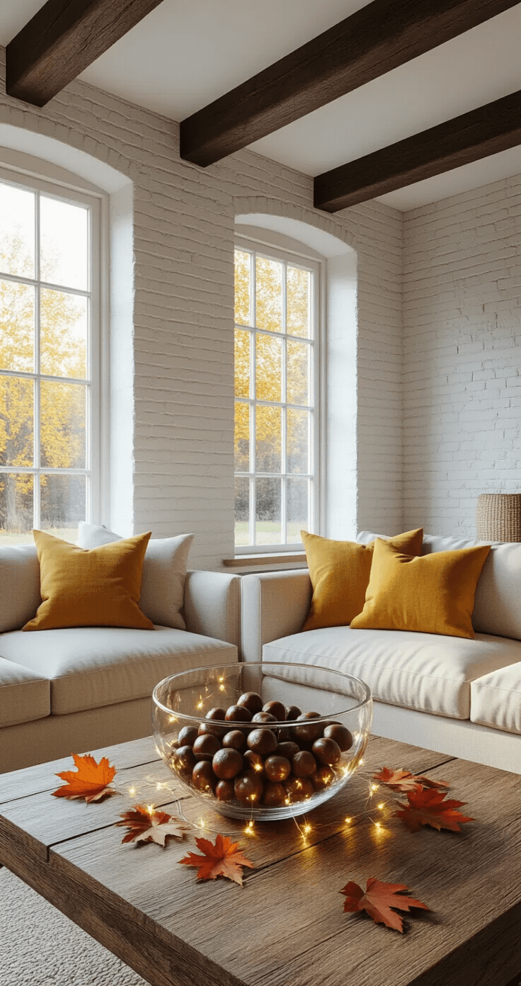 Waarom Herfst Knutselen Jouw Huis Transformeert in een Warme Thuishaven Photorealistic cozy Dutch living room featuring whitewashed brick walls, dark wooden beams, and a reclaimed oak coffee table with a glass bowl of chestnuts and fairy lights, surrounded by autumn leaves. A cream linen sofa with mustard yellow pillows is against the wall, with sunlight streaming through tall windows onto light gray hardwood floors, creating a warm, intimate atmosphere.
