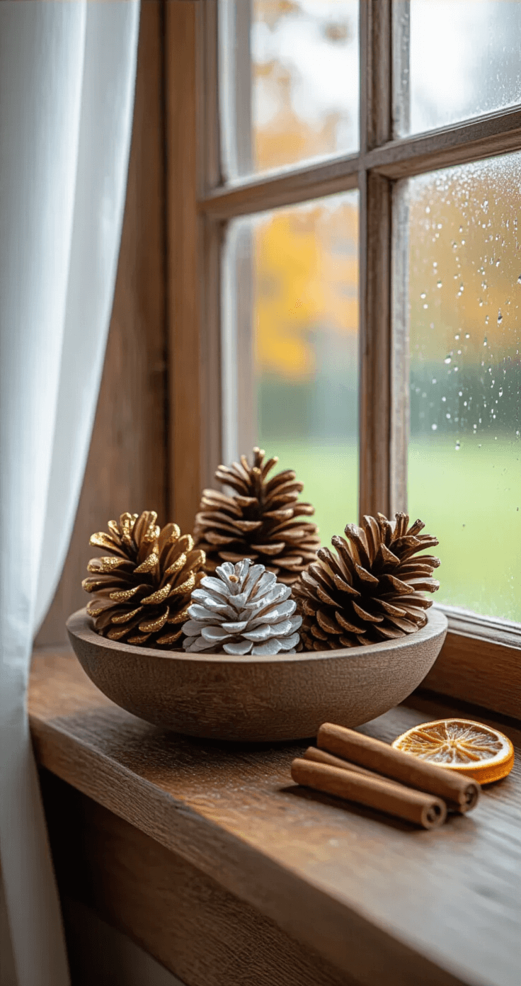 Waarom Herfst Knutselen Jouw Huis Transformeert in een Warme Thuishaven Close-up of a rustic wooden windowsill in a traditional Dutch home, showcasing transformed pinecones in gold glitter, bleached white, and natural brown finishes, along with cinnamon sticks and dried orange slices in a weathered bowl, filtered morning light through white curtains, with autumn trees visible through rain-spotted glass, capturing warm amber and golden brown tones.