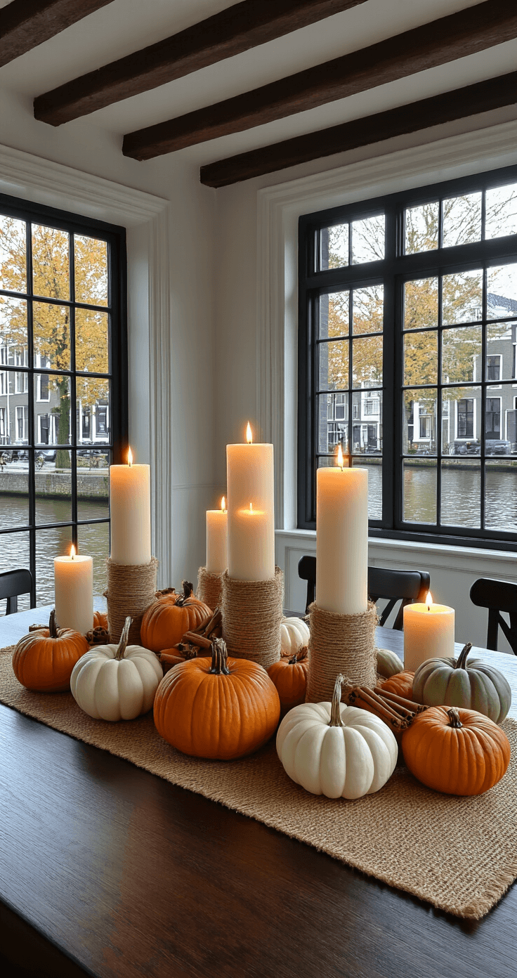 Waarom Herfst Knutselen Jouw Huis Transformeert in een Warme Thuishaven Atmospheric dining room in a converted Dutch canal house featuring a dark walnut table set for autumn with a centerpiece of white pillar candles wrapped in cinnamon sticks and clusters of pumpkins in orange, sage green, and cream on a jute runner, under exposed beams and large canal-view windows, illuminated by warm candlelight and ambient lights.