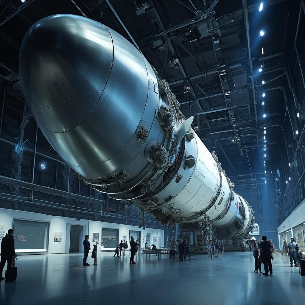 Ontdek de Ruimte: Space Expo Noordwijk - Jouw Poort naar de Sterren! Fotorealistische grote hoekopname van een enorme Europese Ariane-raket in een museale ruimte, prachtig verlicht met zachte museumverlichting, waarin glanzende metalen oppervlakken subtiele blauwe en witte tinten reflecteren, nauwkeurige engineeringdetails zichtbaar, wetenschappelijke tentoonstelling met subtiele informatieborden, hoge resolutie architectonische interieurfotografie stijl, scherpe museumverlichting die de enorme schaal van de raket tegen een neutrale achtergrond benadrukt.