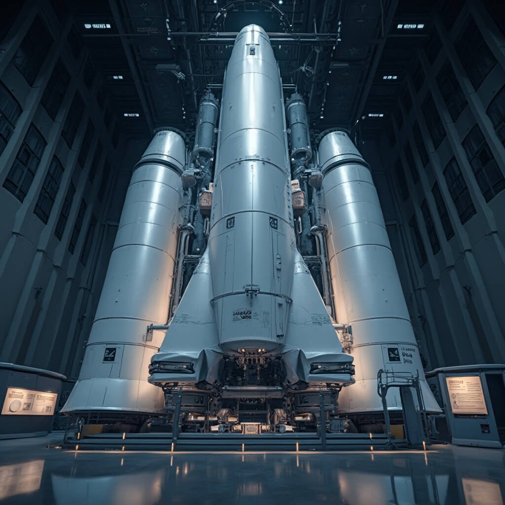 Ontdek de Ruimte: Space Expo Noordwijk - Jouw Poort naar de Sterren! Photorealistic wide-angle shot of a massive European Ariane rocket in a museum, illuminated by soft lighting, showcasing gleaming metallic surfaces reflecting blue and white tones, with detailed engineering features and educational plaques in a scientific exhibition setting.