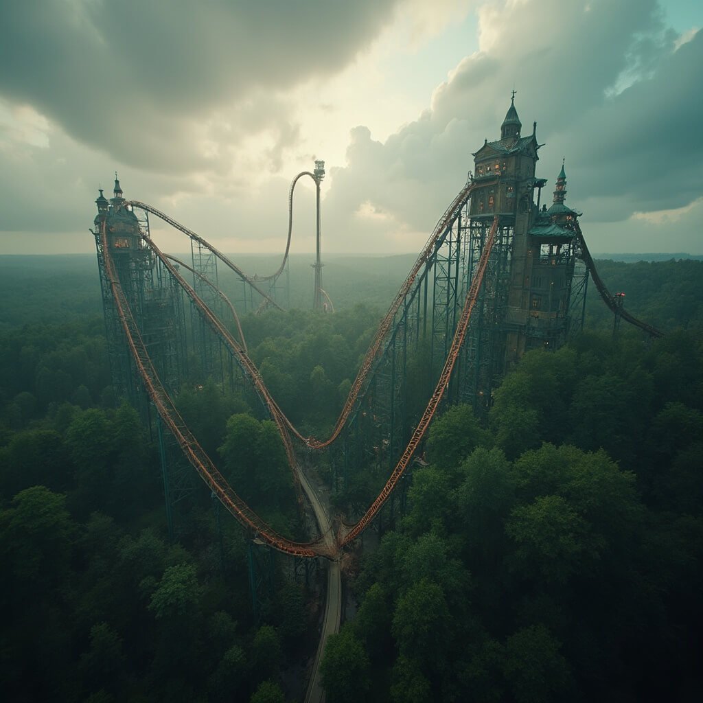 De Efteling: Een Magische Reis Door Nederlands Meest Sprookjesachtige Pretpark Aerial view of the Baron 1898 roller coaster showcasing its steep 37.5-degree drop amidst the lush, mystical landscape of Efteling theme park, under a dramatic sky with moody clouds, highlighting the ride's architectural complexity and precise engineering details in high-contrast colors.