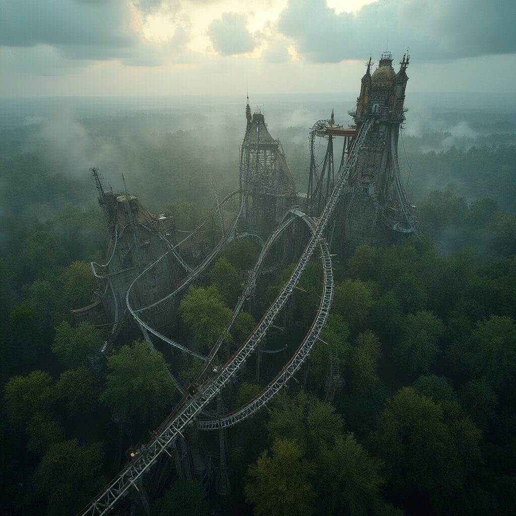 De Efteling: Een Magische Reis Door Nederlands Meest Sprookjesachtige Pretpark Dramatische luchtfoto van de Baron 1898 achtbaan met een steile verticale val van 37,5 graden, omgeven door het mystieke Efteling landschap, weelderige groene omgeving en een dramatische lucht met moody wolkenformaties, gefotografeerd met een drone in hoge resolutie.