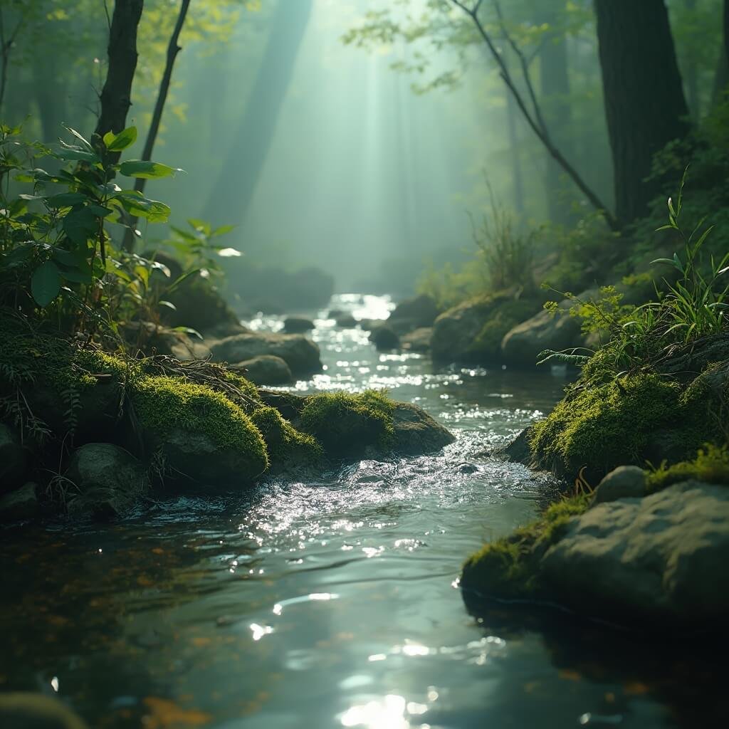 Kampina: Het Verborgen Natuurparadijs van Brabant Dat Je Absoluut Moet Ontdekken! Intieme natuurdocumentaire foto van het ecosysteem van de Beerze, genomen vanuit een lage hoek. De zachte kromming van de rivier kronkelt door diverse vegetatiezones, met kristalhelder water dat het omringende landschap weerspiegelt. Op de oever bloeien zeldzame orchideeën en vleesetende zonnedauwplanten tussen inheemse graslanden. Het vroege ochtendlicht filtert door de mistige rivierbossen en onthult gedetailleerde texturen van met mos bedekte stenen en gevallen takken. Subtiele details tonen de biodiversiteit en ecologische onderlinge verbondenheid van het rivierlandschap.