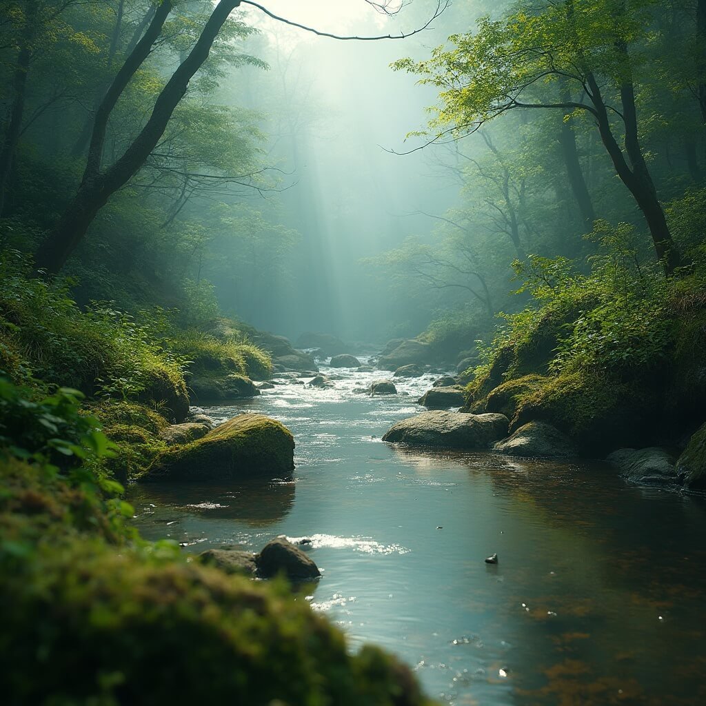 Kampina: Het Verborgen Natuurparadijs van Brabant Dat Je Absoluut Moet Ontdekken! A low-angle view of the Beerze River meandering through a lush ecosystem, with crystal clear water reflecting the early morning light. The scene features diverse vegetation, including rare orchids and carnivorous sundew plants, along a moss-covered riverbank with intricate textures of stones and fallen branches, while mist filters through the riverine forest, suggesting a vibrant biodiversity.