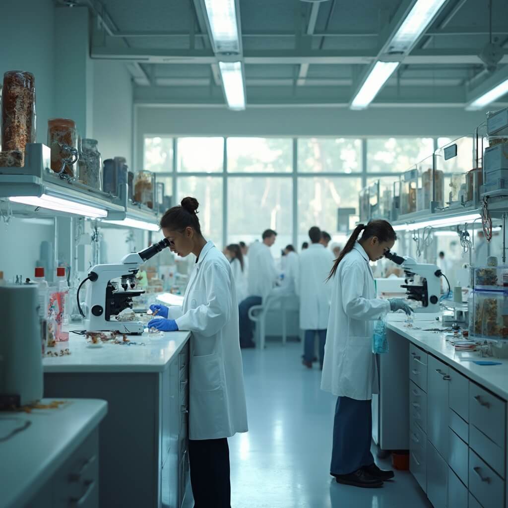 Een museum als geen ander: Naturalis Biodiversity Center uitgelegd A hyper-detailed scientific research laboratory featuring multiple researchers in white lab coats examining microscopic biological specimens, surrounded by advanced research equipment and illuminated by soft diffused natural lighting, with intricate glass display cases of preserved specimens in the background, capturing a complex scientific workflow.