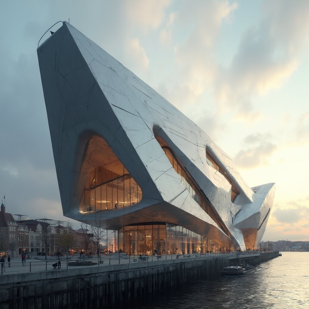 Ontdek het NEMO Science Museum: Amsterdam's Wetenschappelijke Wonderland Ultra-realistisch architecturaal beeld van een futuristische schipachtige wetenschapsmuseumstructuur die 22 meter boven de Amsterdamse waterkant oprijst, met een dramatische diagonale perspectief die de slanke metalen buitenzijde en scherpe geometrische lijnen toont, benadrukt door zachte gouden uurlichting.
