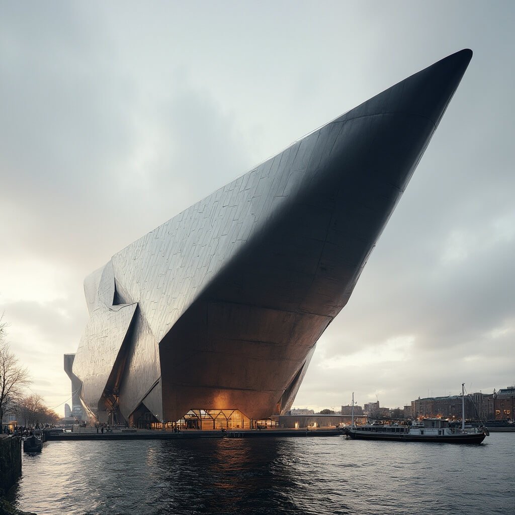 Ontdek het NEMO Science Museum: Amsterdam's Wetenschappelijke Wonderland Ultra-realistic image of a futuristic ship-like science museum in Amsterdam, featuring a sleek metallic exterior and sharp geometric lines, captured at golden hour with dramatic lighting and a cloudy sky, showcasing its structural complexity and innovative design.