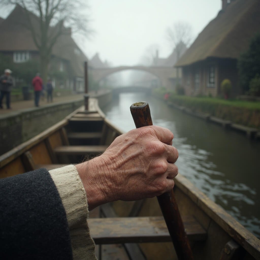 Giethoorn: Het Verborgen Nederlandse Waterparadijs Waar Straten Verdwijnen en Boten Regeren Close-up of weathered hands of an elderly resident steering a traditional wooden punter boat in Giethoorn, surrounded by narrow canals and thatched rooftops, with soft morning light filtering through a misty landscape.