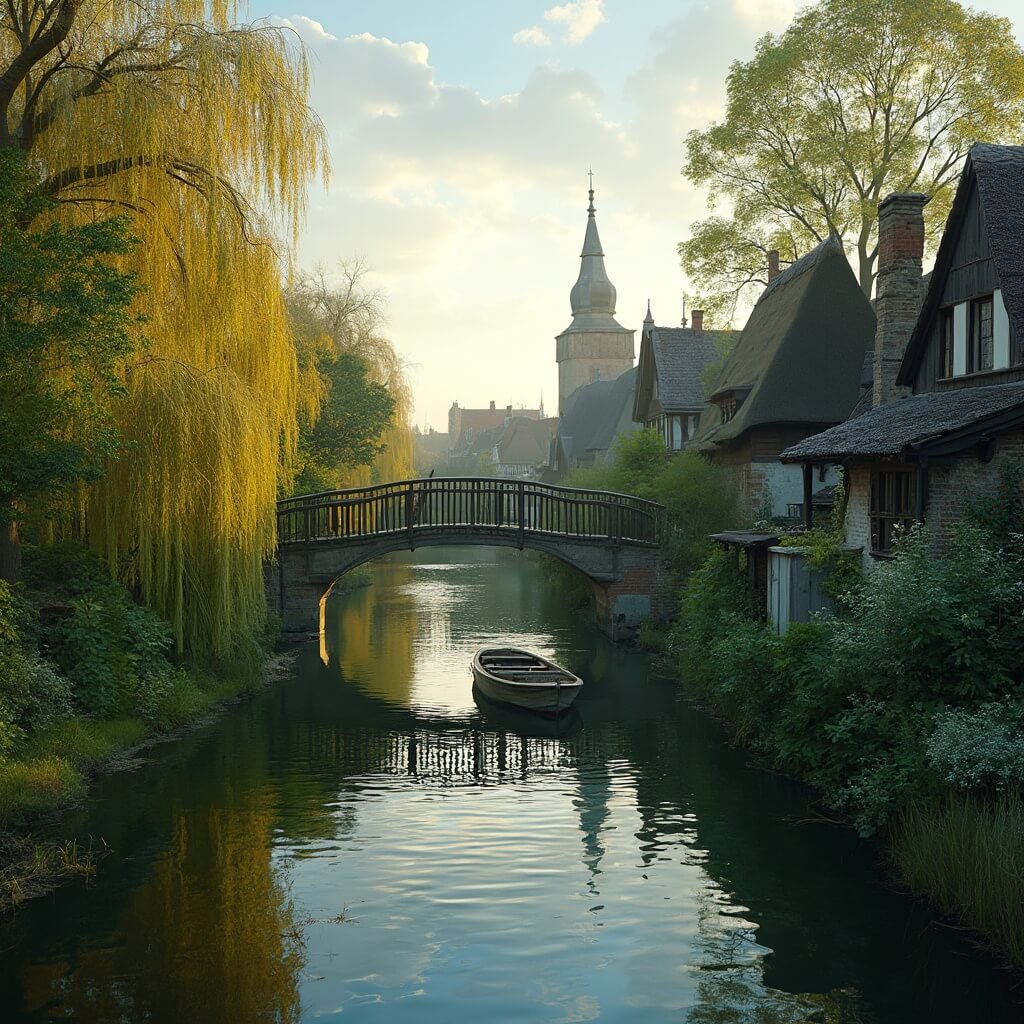 Giethoorn: Het Verborgen Nederlandse Waterparadijs Waar Straten Verdwijnen en Boten Regeren Ultradetailleerde landschap foto van de waterwegen van Giethoorn tijdens het gouden uur, met houten boogbruggen over rustige groenblauwe kanalen, traditionele boerderijen met rieten daken deels verborgen achter treurwilgen en kleine houten punterboten die stil tussen eilandjes glijden. Zachte diffuse verlichting zorgt voor een etherische sfeer, met reflecties van historische architectuur in het stille water en rijke texturen van riet en vegetatie.