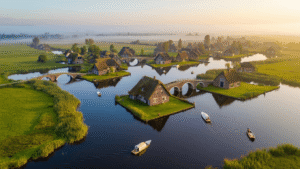 Giethoorn: Het Verborgen Nederlandse Waterparadijs Waar Straten Verdwijnen en Boten Regeren Aerial view of Giethoorn village showcasing traditional thatched-roof farmhouses on green islands, connected by arched stone bridges over tranquil waterways, with whisper boats gliding through the mirror-like water under golden hour lighting.