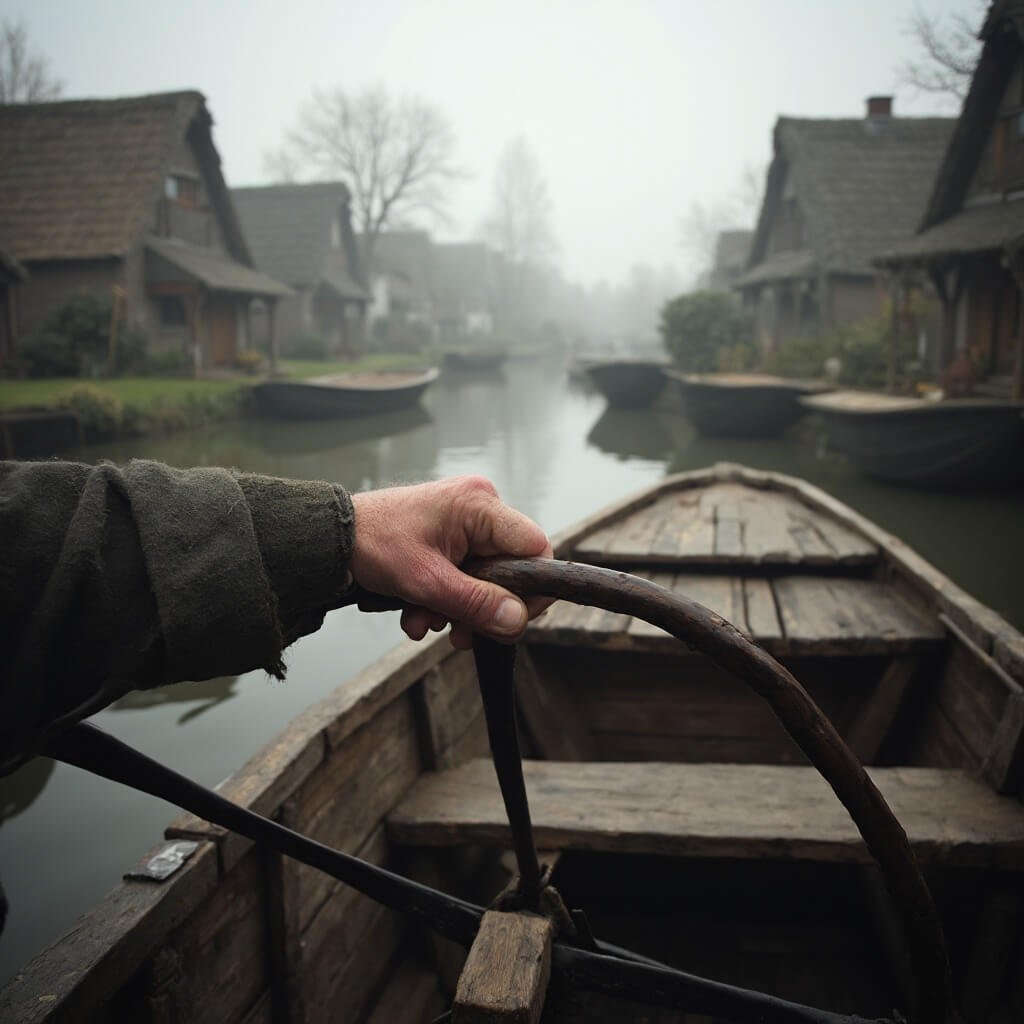 Giethoorn: Het Verborgen Nederlandse Waterparadijs Waar Straten Verdwijnen en Boten Regeren Intieme documentaire-stijl close-up van de verweerde handen van een oudere lokale bewoner die een traditionele houten punterboot bestuurt in het pittoreske Giethoorn, omringd door smalle kanalen en houten bruggen in een mistige landschapsachtergrond.