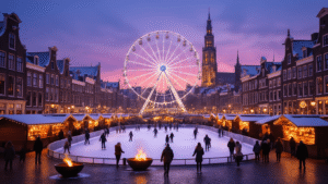 Winter in Groningen: Je Ultieme Gids voor Koude Dagen vol Warmte en Avontuur A magical winter scene in Groningen's Grote Markt at twilight, featuring a glowing ice skating rink, an illuminated Ferris wheel, cozy market stalls with warm lights, flickering fire bowls, historic snow-covered architecture, people enjoying glühwein, and twinkling lights reflecting on wet cobblestones, with the Martinitoren church tower in the background and atmospheric winter mist.