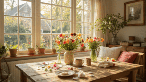 Zelfgemaakte bloemen knutselen: Van simpel papier tot realistische creaties die nooit verwelken Een gezellige Nederlandse woonkamer tijdens het gouden uur, met warme zonnestralen die door een groot raam schijnen. Op een gerecyclede houten salontafel staan handgemaakte crêpepapier rozen in glazen potten, omringd door verse kleuren papier, vintage koperen lijstjes, knutselschaar en bloemendraad. De witte houten vloerplanken en natuurlijke linnen kussens dragen bij aan de warme, uitnodigende sfeer met zachte schaduwen en een gebalanceerde compositie.