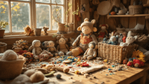 Creatieve knutselprojecten met stofrestjes: Van rommel tot prachtige DIY-creaties Intieme close-up van een rustieke houten werkbank met kleurrijke stofrestjes, handgemaakte knuffels en vintage naaigaren in warme gouden uurtje-verlichting.