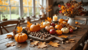 Waarom Herfst Knutselen Jouw Huis Transformeert in een Warme Thuishaven Fotorealistische eetkamer in herfststijl met een donkere houten tafel vol kastanjes, dennenappels, kaneelstokjes en oranje pompoenen, zachte schaduwen en natuurlijk licht op een lichte eiken vloer.