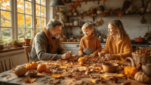 Herfst Knutselen met Kinderen: 25+ Magische DIY Projecten die Je Nu Moet Proberen Gezellige Nederlandse keuken met warme herfstlicht, een houten tafel vol knutselmaterialen zoals kastanjes, eikels, bladeren en dennenappels, omgeven door natuurlijke texturen en aardse tinten.