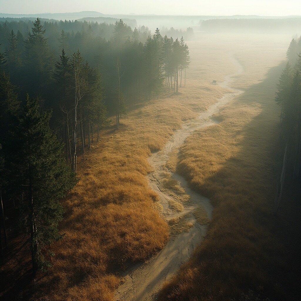 Ontdek De Hoge Veluwe: Nederlands Natuurparadijs dat je Adem Beneemt High-resolution landscape photograph of Hoge Veluwe National Park, highlighting the contrast between dark pine forests and golden-brown heathlands under soft morning light, with long shadows and subtle wildlife elements like grazing animals.