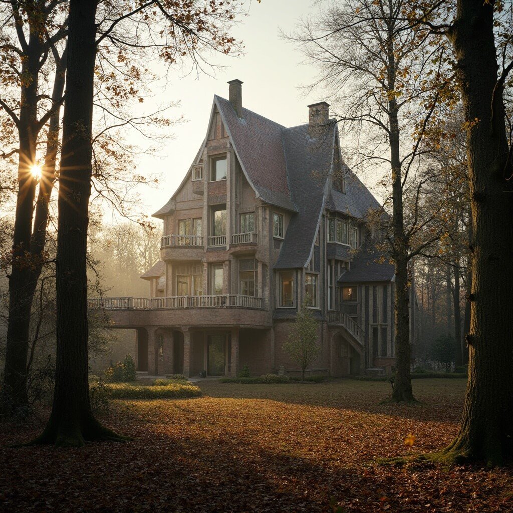 Ontdek De Hoge Veluwe: Nederlands Natuurparadijs dat je Adem Beneemt Architecturale landschapsfotografie van Jagdschloss Sint Hubertus in het Hoge Veluwe National Park, met de unieke Berlage-ontworpen jachtlodges in gouden uurlicht, omringd door de ongetemde natuur.
