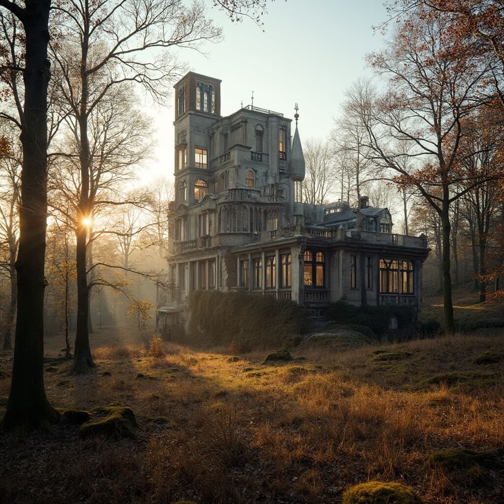 Ontdek De Hoge Veluwe: Nederlands Natuurparadijs dat je Adem Beneemt Architectural landscape photography of Jagdschloss Sint Hubertus at golden hour, showcasing the Berlage-designed hunting lodge framed by precise lines against the wild Hoge Veluwe National Park, highlighting its geometric forms and intricate details amid the surrounding forest.