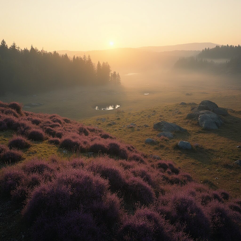 Kampina: Het Verborgen Natuurparadijs van Brabant Dat Je Absoluut Moet Ontdekken! Ultra-detailed landschap met de Kampina natuurreservaat tijdens het gouden uur. Uitgestrekte heidevelden met paarse bloeiende heide op de voorgrond, mistige dennenbossen op de achtergrond en verspreide gletsjerkeien en ondiepe vennen die complexe landschapsstructuren creëren. Distantie hazen silhouetten in de lucht.